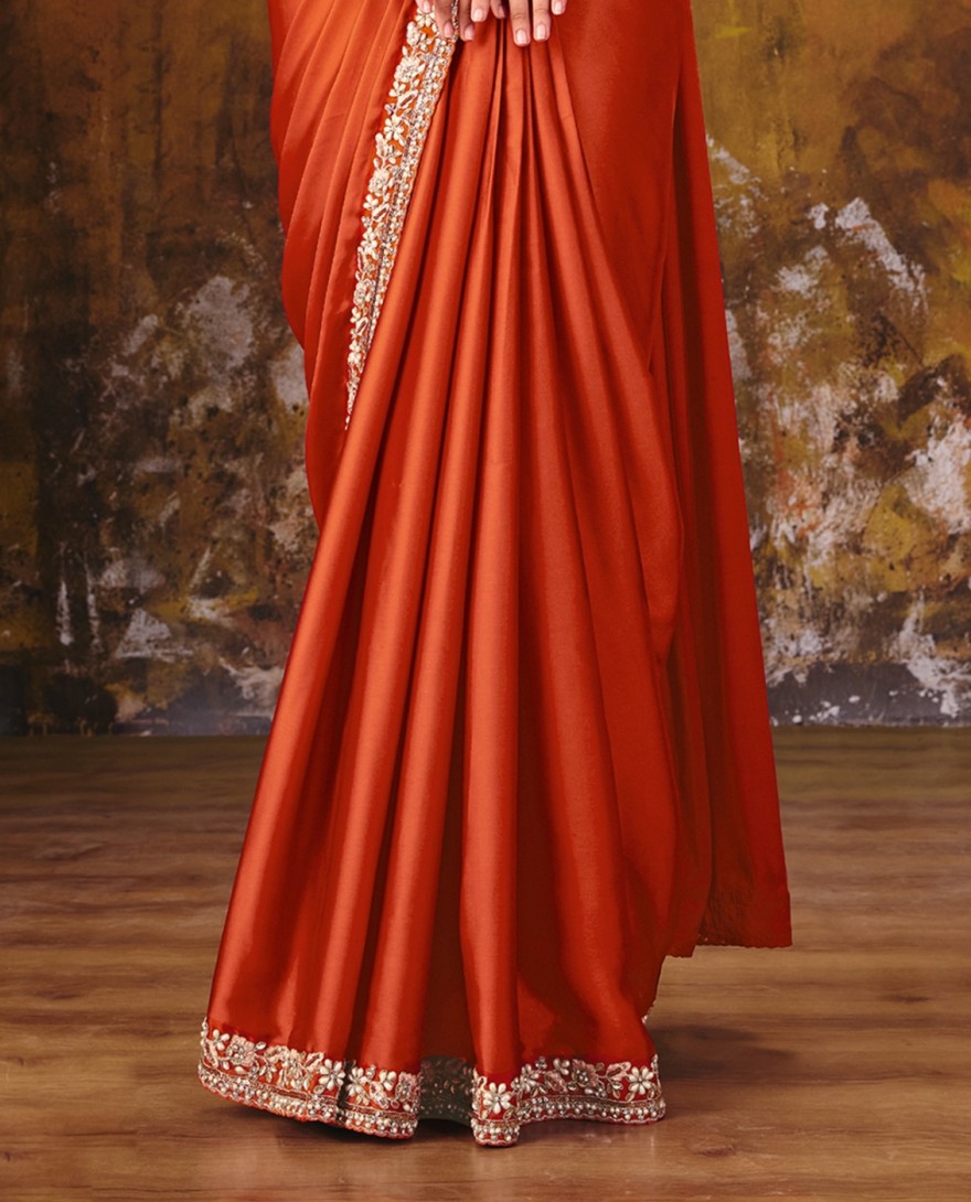 27105 - Orange Embroidered Wedding Party Designer Saree